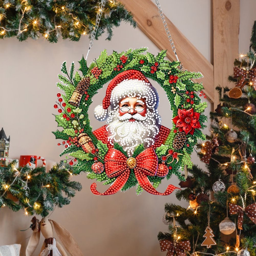Home Decoration DIY Santa Claus Diamond Painting Hanging Ornament Christmas Wreath Special Shaped 5D Acrylic Diamond Pendant