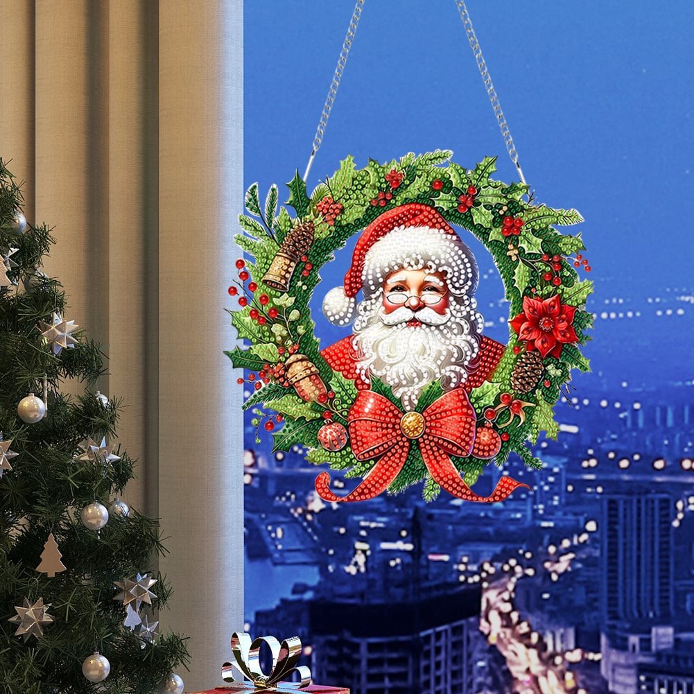Home Decoration DIY Santa Claus Diamond Painting Hanging Ornament Christmas Wreath Special Shaped 5D Acrylic Diamond Pendant