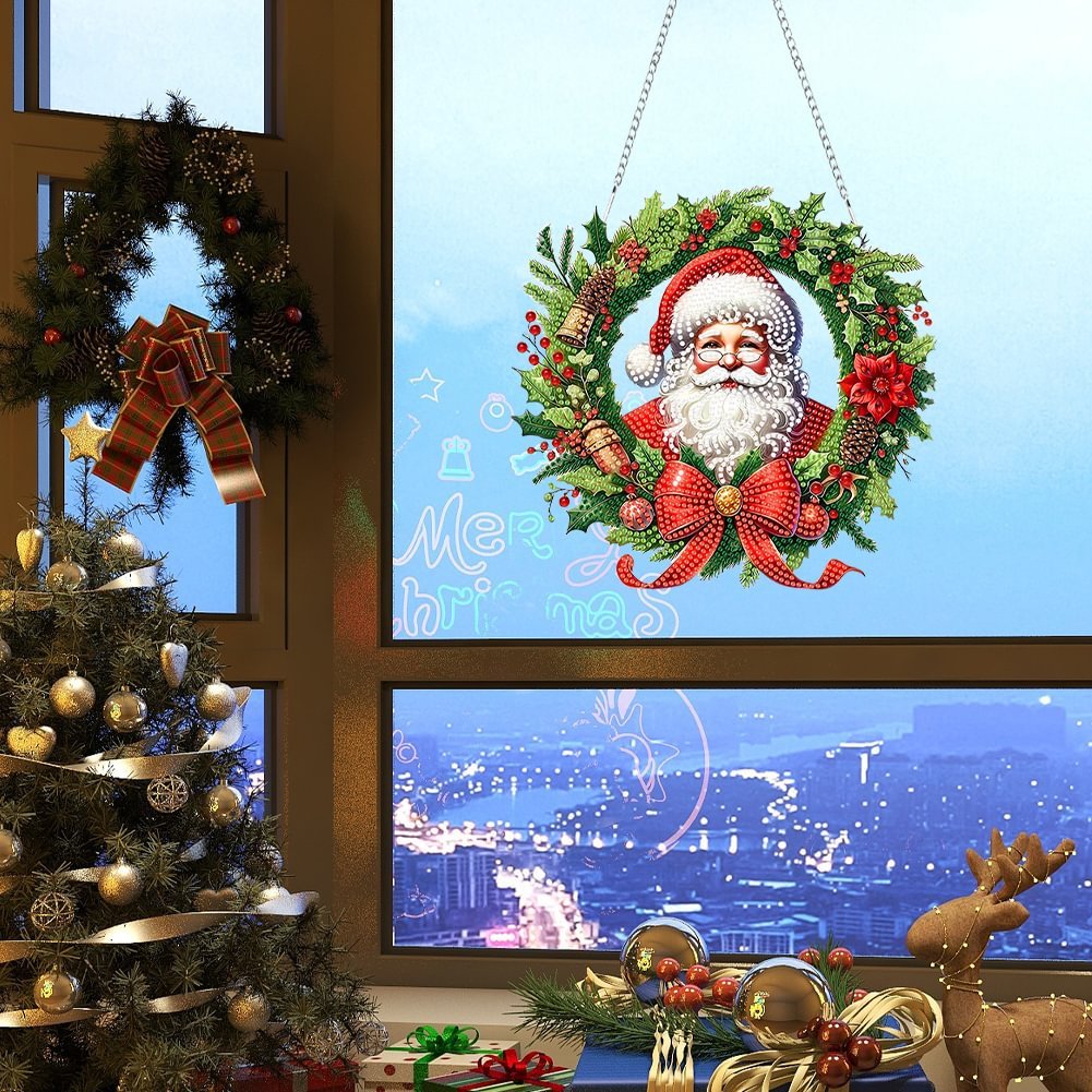 Home Decoration DIY Santa Claus Diamond Painting Hanging Ornament Christmas Wreath Special Shaped 5D Acrylic Diamond Pendant