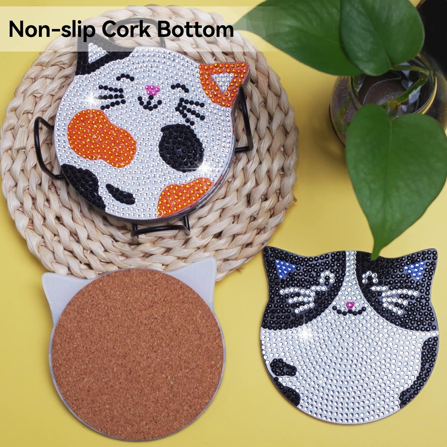 DIY Diamond Painting Coasters Cat Patterns 6pcs With Holder DIY Animal Diamond Art Coasters Kit Non Slip Coaster Art
