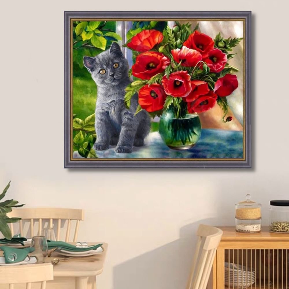 DIY 5D Diamond Painting Kits cat and Beautiful Blooming Flowers Vase Full Drill Round Rhinestone Embroidery