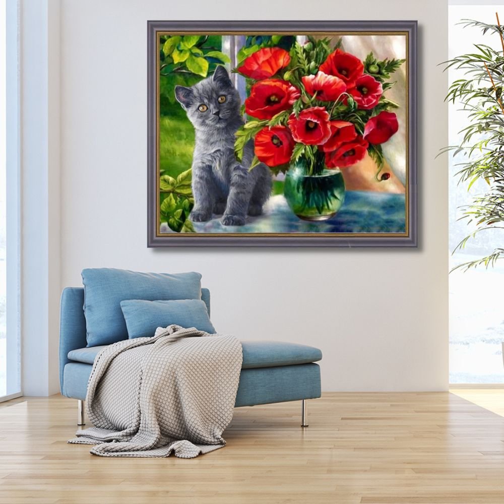 DIY 5D Diamond Painting Kits cat and Beautiful Blooming Flowers Vase Full Drill Round Rhinestone Embroidery