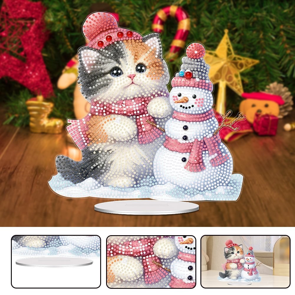 Special Shaped Acrylic Christmas Cat Diamond Painting Tabletop Ornament Snowman Christmas Decor Diamond Painting Desk Ornament