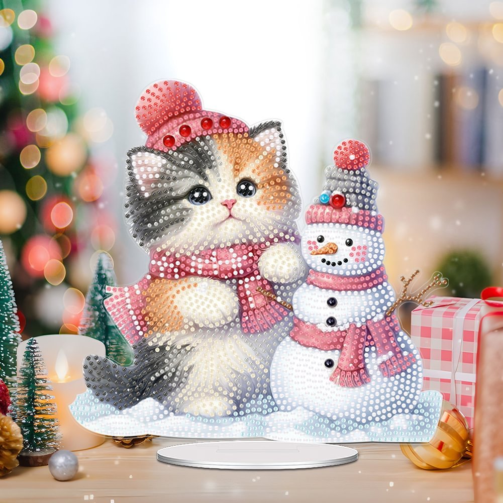 Special Shaped Acrylic Christmas Cat Diamond Painting Tabletop Ornament Snowman Christmas Decor Diamond Painting Desk Ornament