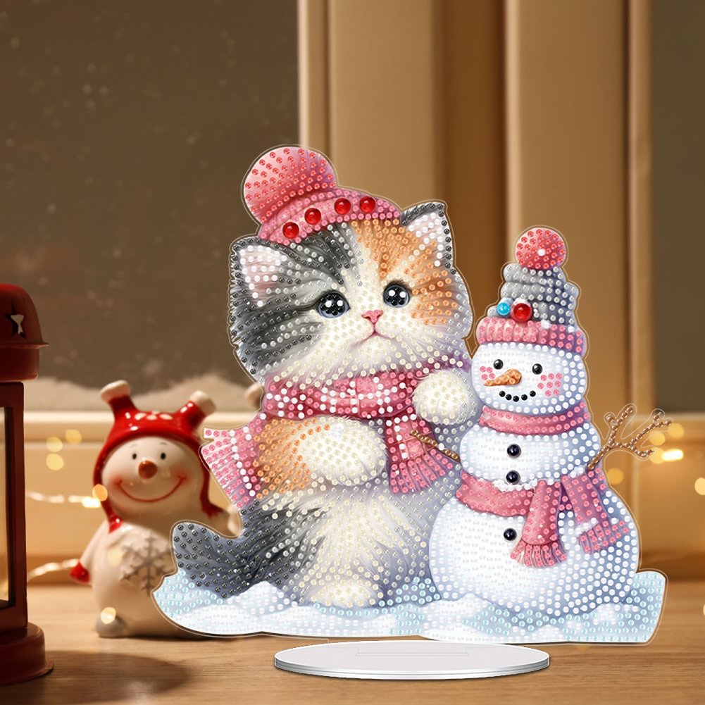 Special Shaped Acrylic Christmas Cat Diamond Painting Tabletop Ornament Snowman Christmas Decor Diamond Painting Desk Ornament