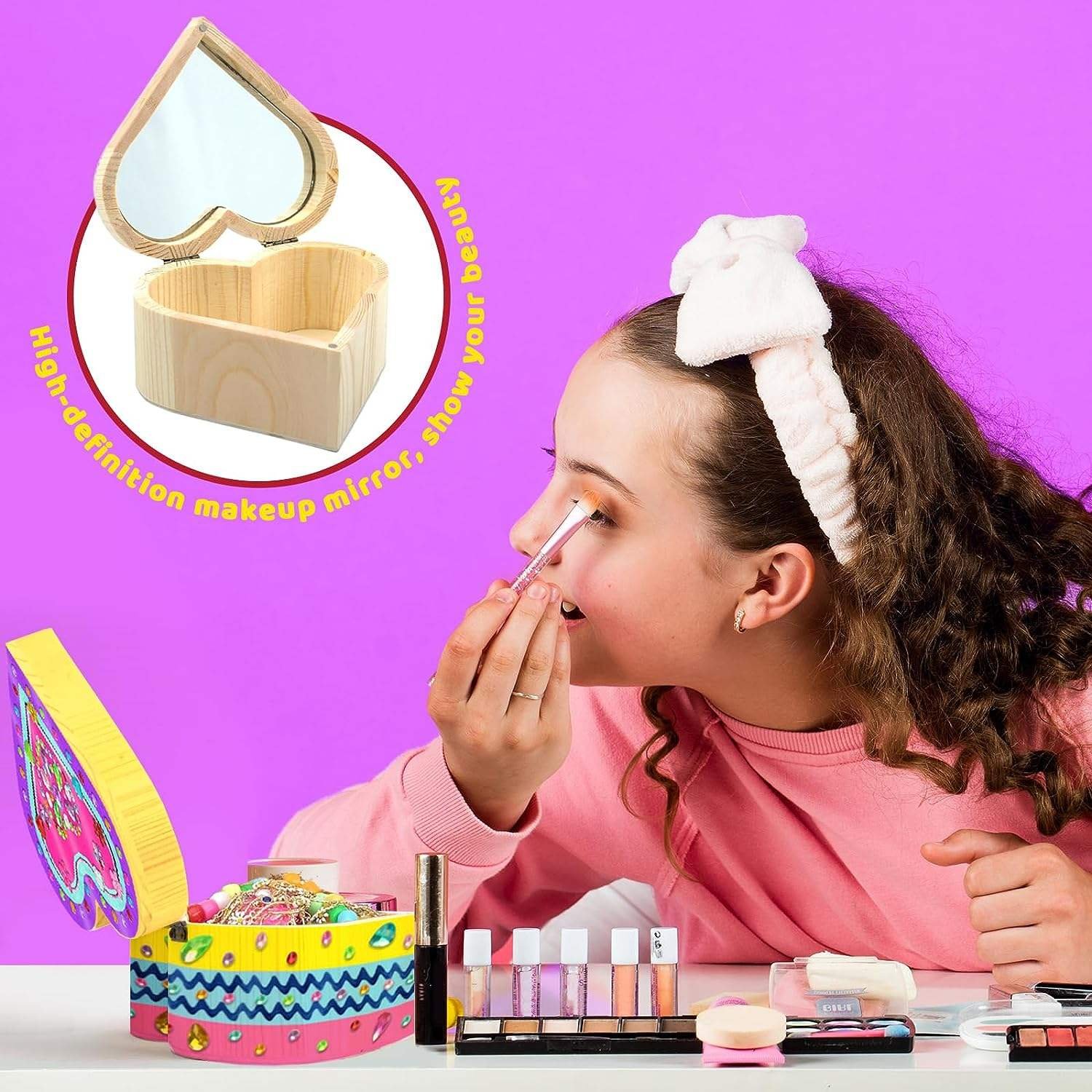 Paint Your Own Wooden Kids Heart shaped Treasure Diamonds Painting Jewelry Box Kit for Toddler Girl christmas arts crafts set
