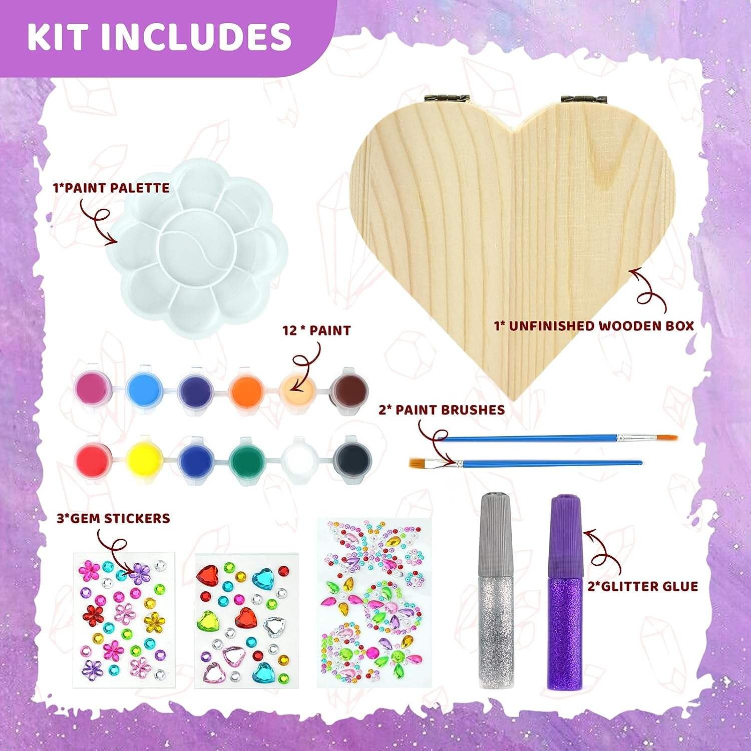 Paint Your Own Wooden Kids Heart shaped Treasure Diamonds Painting Jewelry Box Kit for Toddler Girl christmas arts crafts set