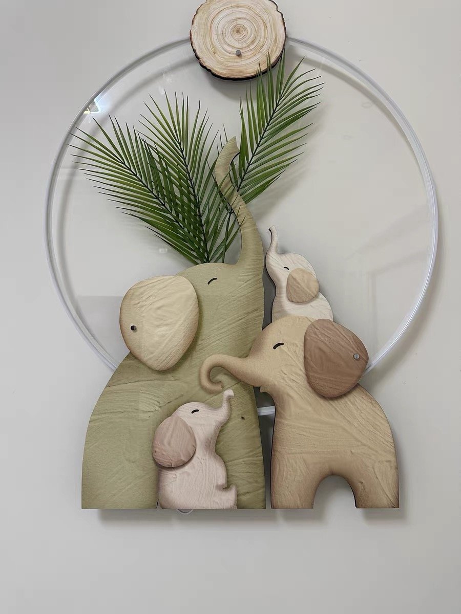 Art Decoration LED Acrylic Lamp Painting Animal Still Life UV Printing Crystal Porcelain Wall Decoration Elephant Family