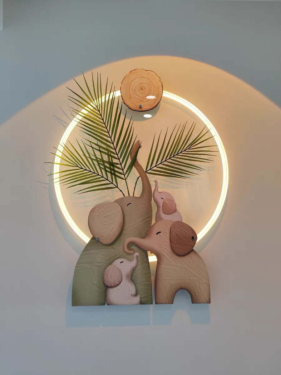 Art Decoration LED Acrylic Lamp Painting Animal Still Life UV Printing Crystal Porcelain Wall Decoration Elephant Family