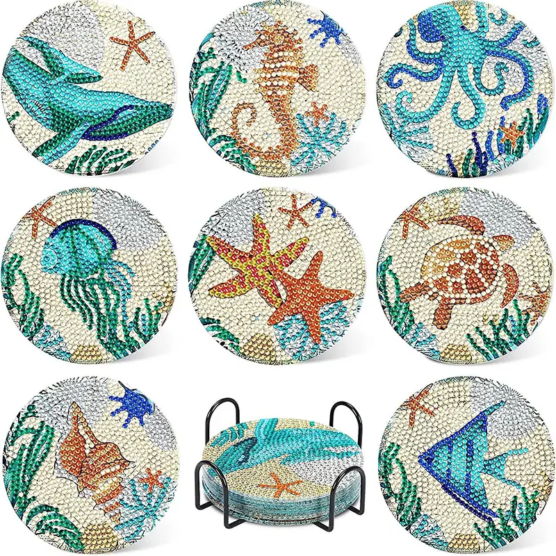Diamond Painting Coasters Kit 8 Pieces 5D Ocean DIY Diamond Art Coasters Diamond Art Kits For Adults