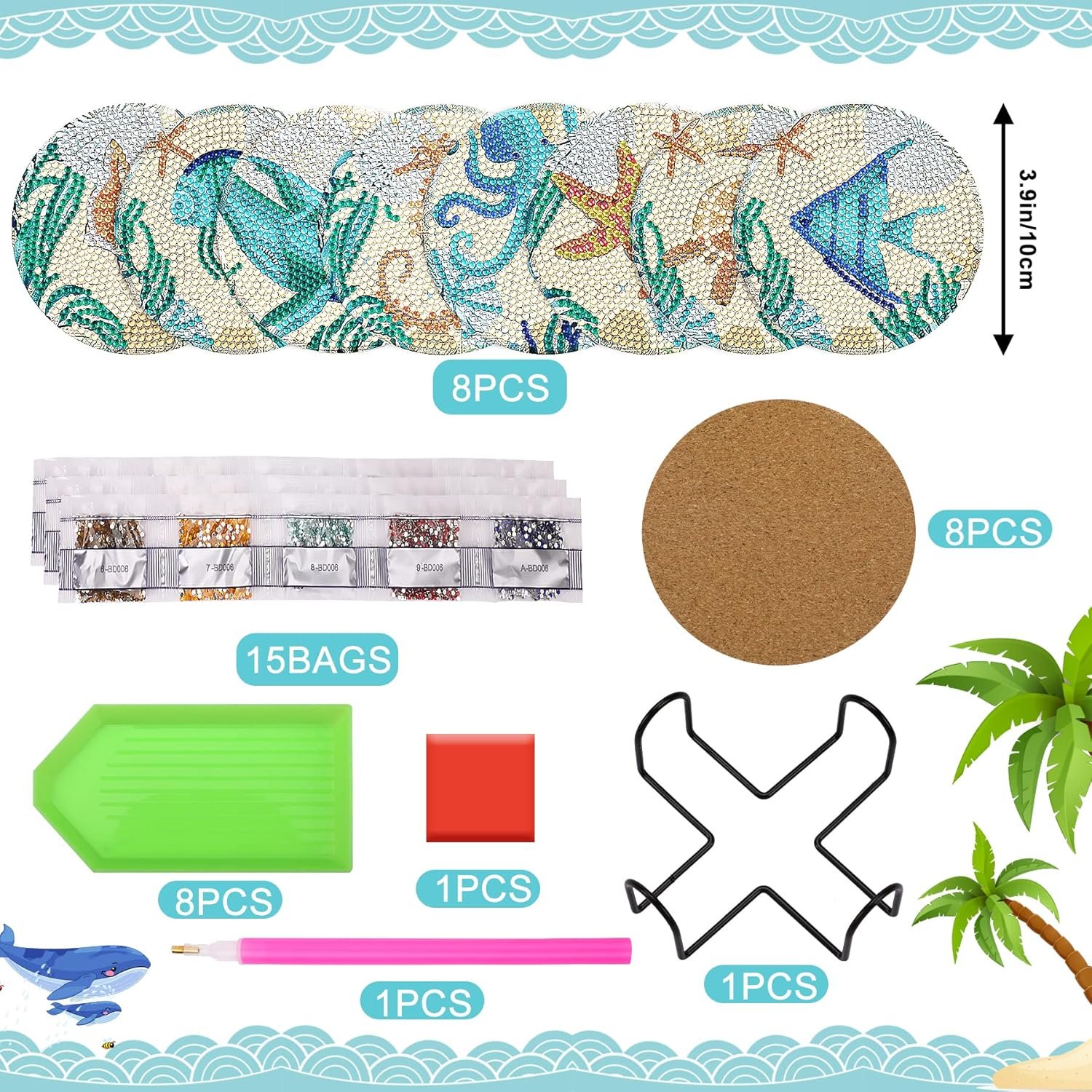 Diamond Painting Coasters Kit 8 Pieces 5D Ocean DIY Diamond Art Coasters Diamond Art Kits For Adults