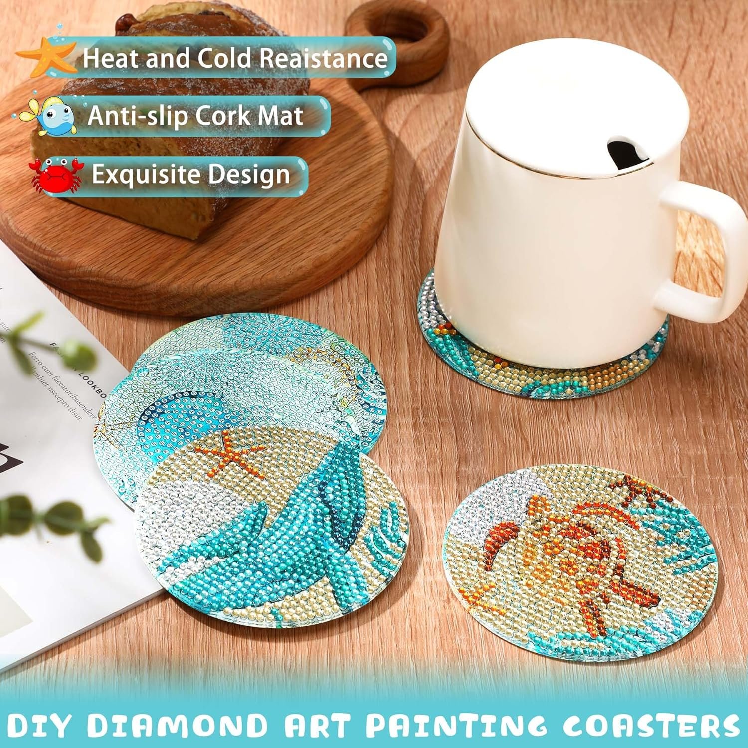 Diamond Painting Coasters Kit 8 Pieces 5D Ocean DIY Diamond Art Coasters Diamond Art Kits For Adults