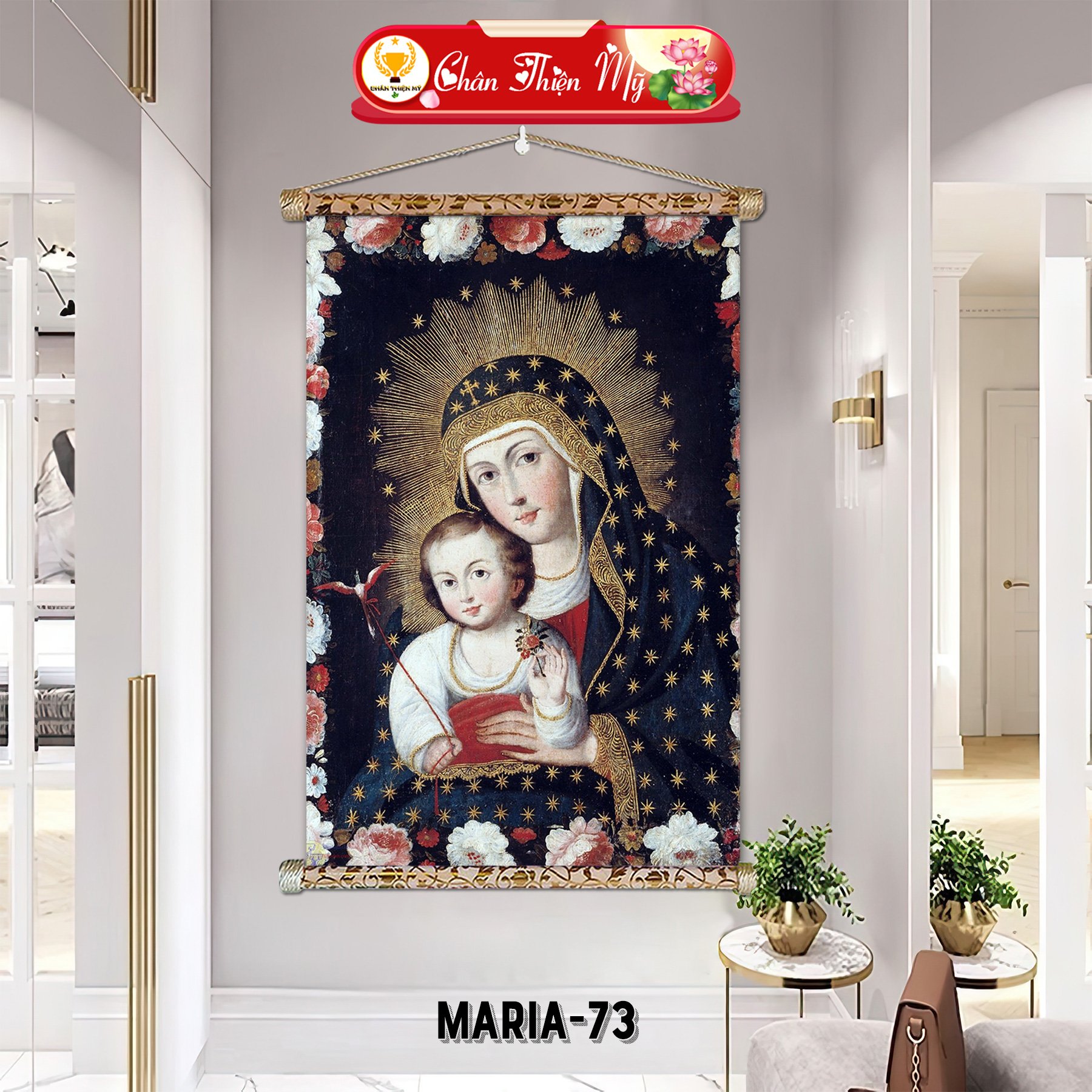 Canvas image with hanging string printed with Jesus and Mother Mary