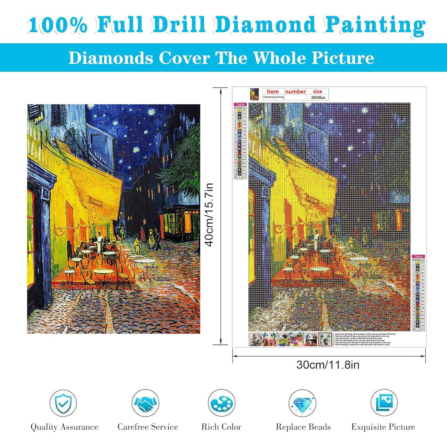 Adult Diamond Painting Set Van Gogh Night Caf é Terrace Diamond Art DIY Round Diamond Painting Picture Home Wall Decoration Gift