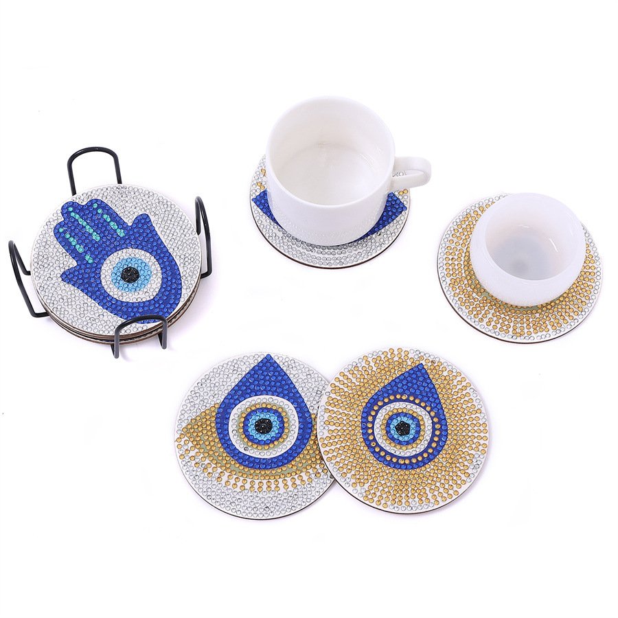 DIY 5d Diamonds Painting Coaster Kit Eyes Rhinestones Embroidery Cup Cushion with Rack Table Place mat