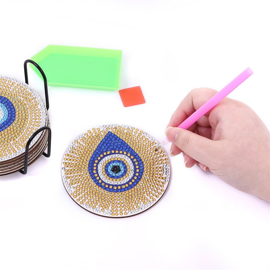 DIY 5d Diamonds Painting Coaster Kit Eyes Rhinestones Embroidery Cup Cushion with Rack Table Place mat