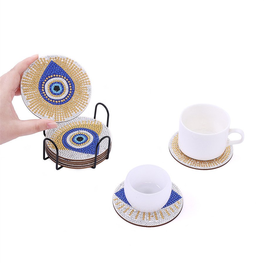 DIY 5d Diamonds Painting Coaster Kit Eyes Rhinestones Embroidery Cup Cushion with Rack Table Place mat