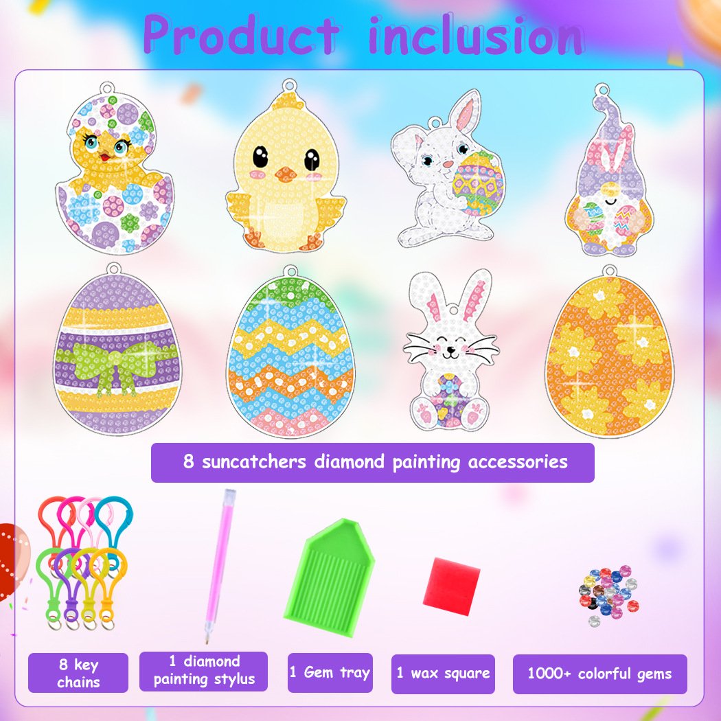 Easter Bunny Diamond Art for Kids 8 Pcs Girls Gem Art Keychain Crafts Cute Egg Chick Diamond Painting Kit for Kids