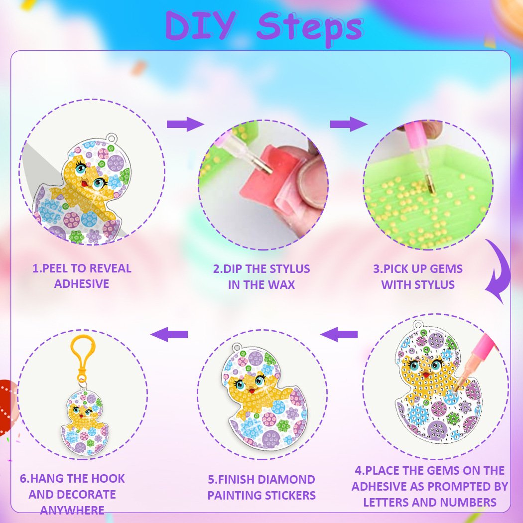Easter Bunny Diamond Art for Kids 8 Pcs Girls Gem Art Keychain Crafts Cute Egg Chick Diamond Painting Kit for Kids