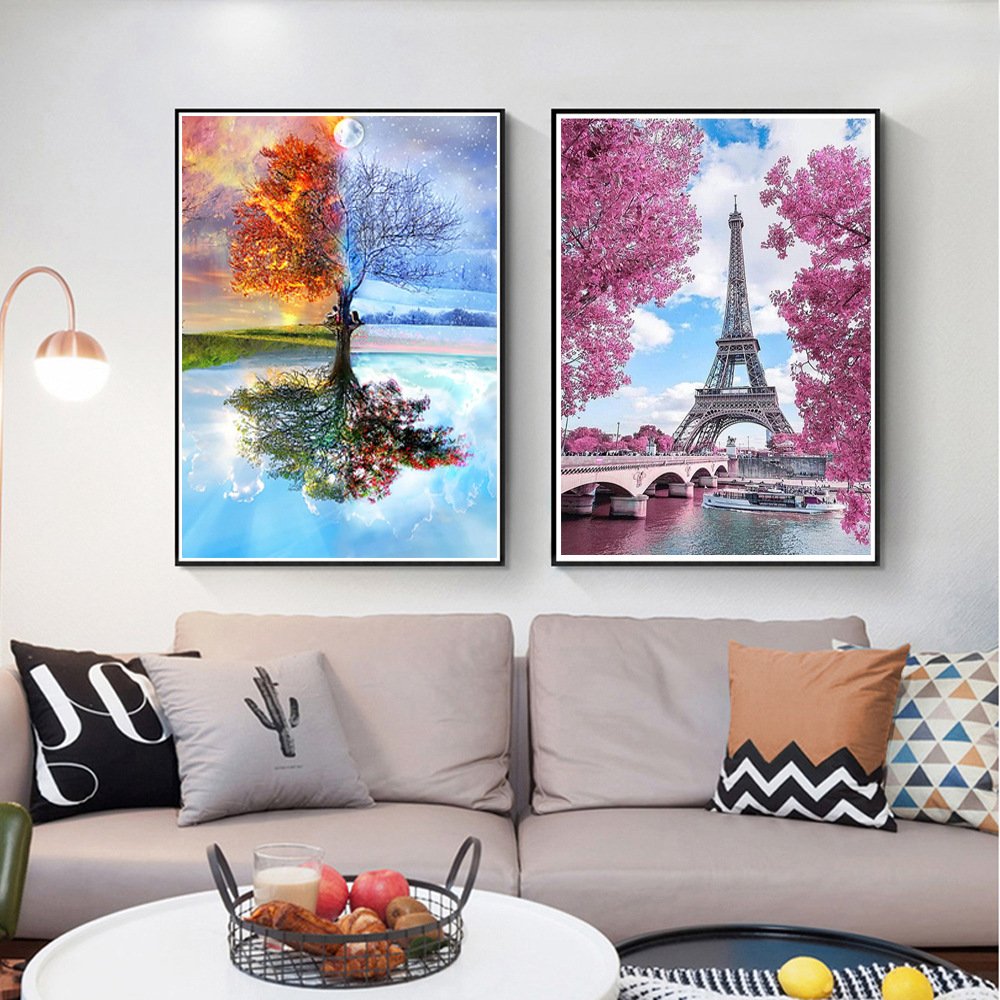 Handmade Fun Purple Landscape Painting Butterfly Flower Sea Diamond Painting Diamond Painting