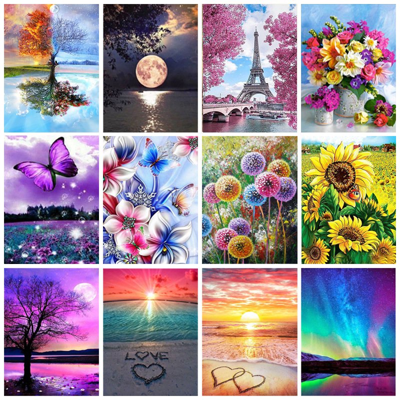 Handmade Fun Purple Landscape Painting Butterfly Flower Sea Diamond Painting Diamond Painting