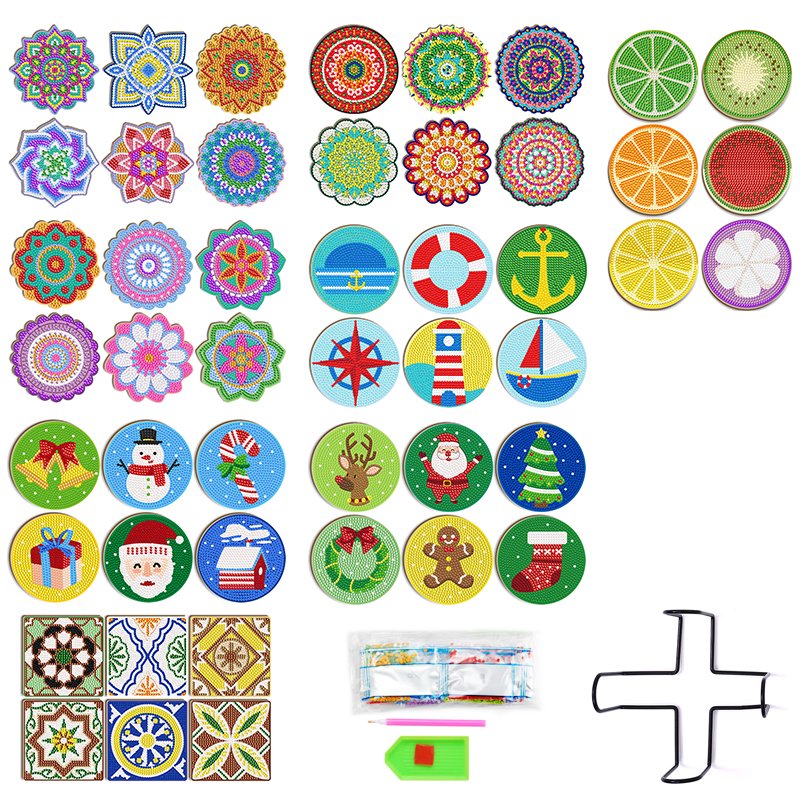Handmade round Acrylic Cork Bottom World Cup Marine DIY Coasters Kit Canvas with Diamond Painting for Drinks Flower Subjects