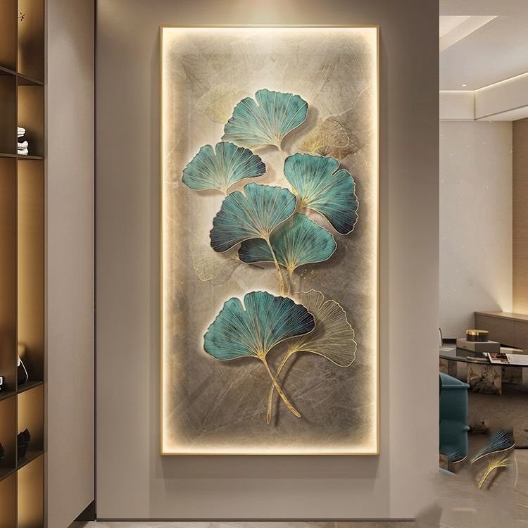 Modern Luxury Ginkgo Leaf Plant with LED Light Diamond crystal porcelain painting wall art frame home decor luxury