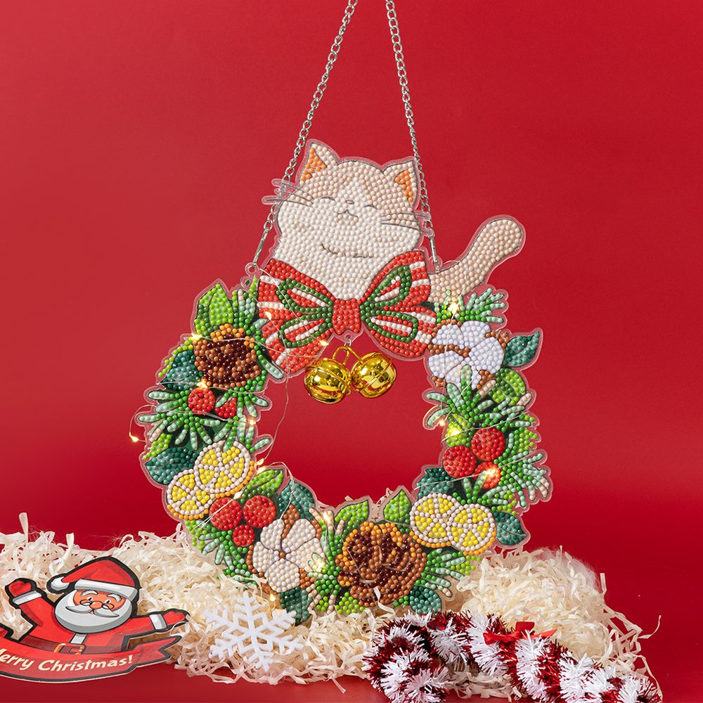 Low MOQ Christmas LED Light Diamond Painting DIY Handmade 3D Acrylic Pendant with Bell Wall Wreath & Featuring Flowers Animals