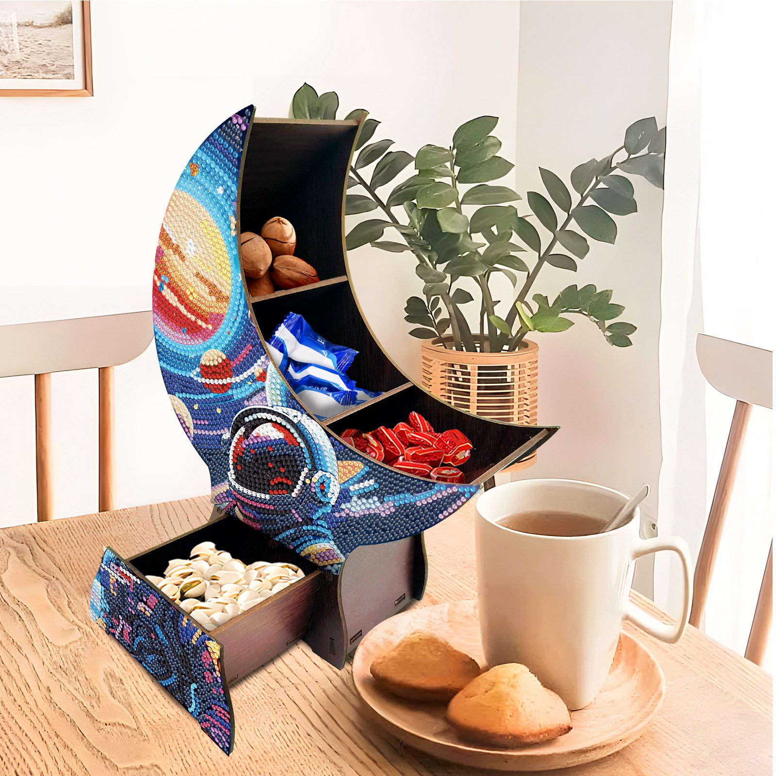 Mandala Moon Fan Shaped Lunch Box Wooden Diamond Art Decorative Box for Desktop Decor
