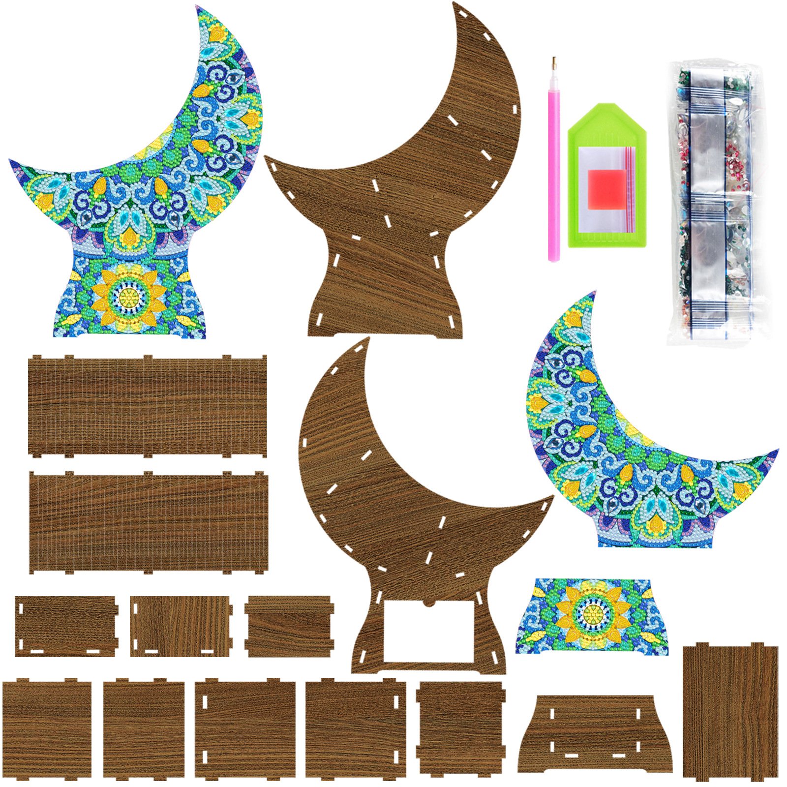 Mandala Moon Fan Shaped Lunch Box Wooden Diamond Art Decorative Box for Desktop Decor