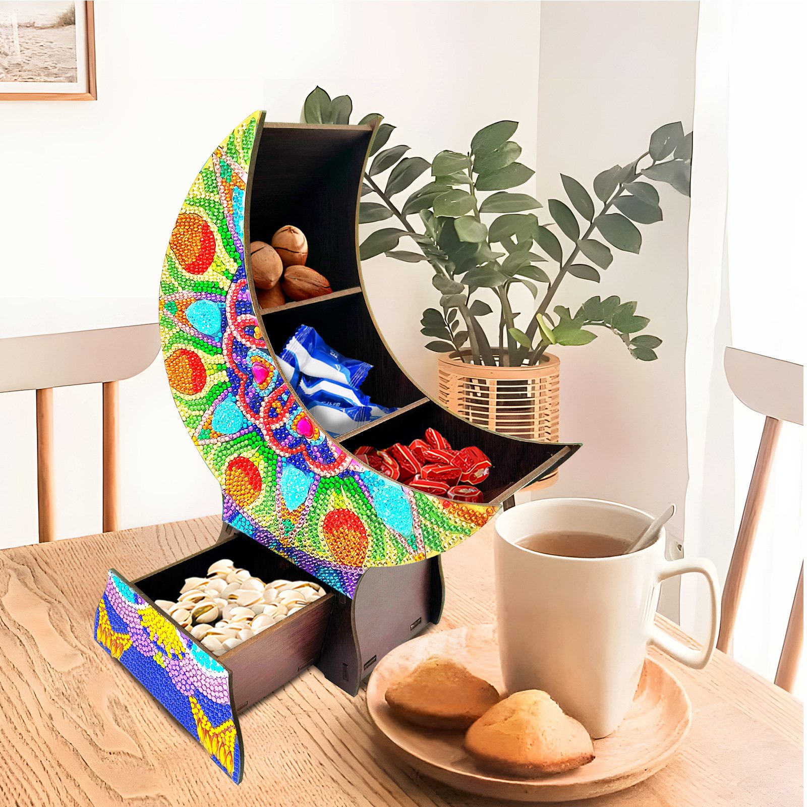 Mandala Moon Fan Shaped Lunch Box Wooden Diamond Art Decorative Box for Desktop Decor