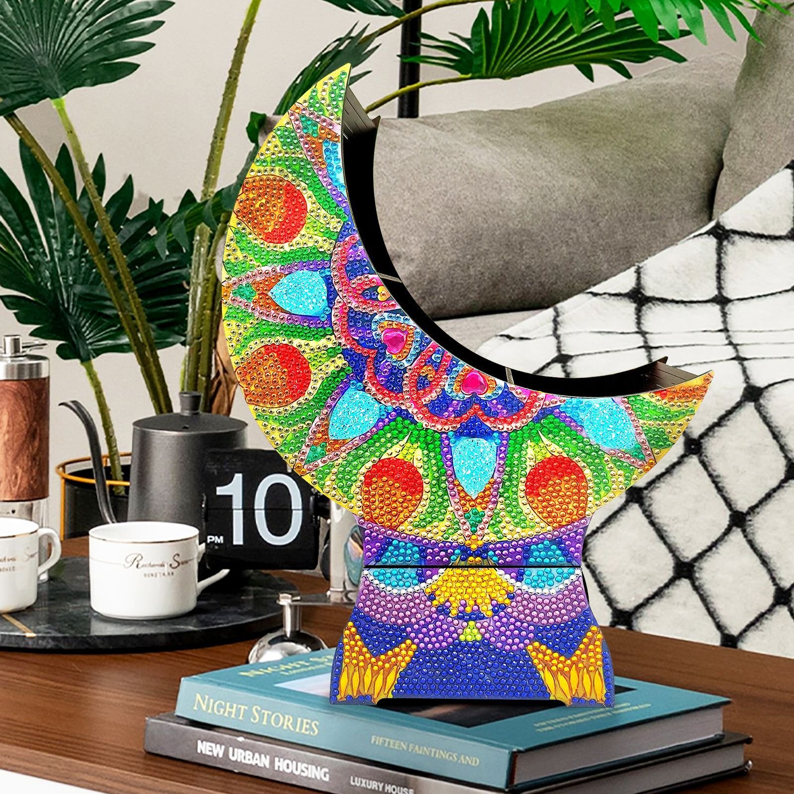 Mandala Moon Fan Shaped Lunch Box Wooden Diamond Art Decorative Box for Desktop Decor