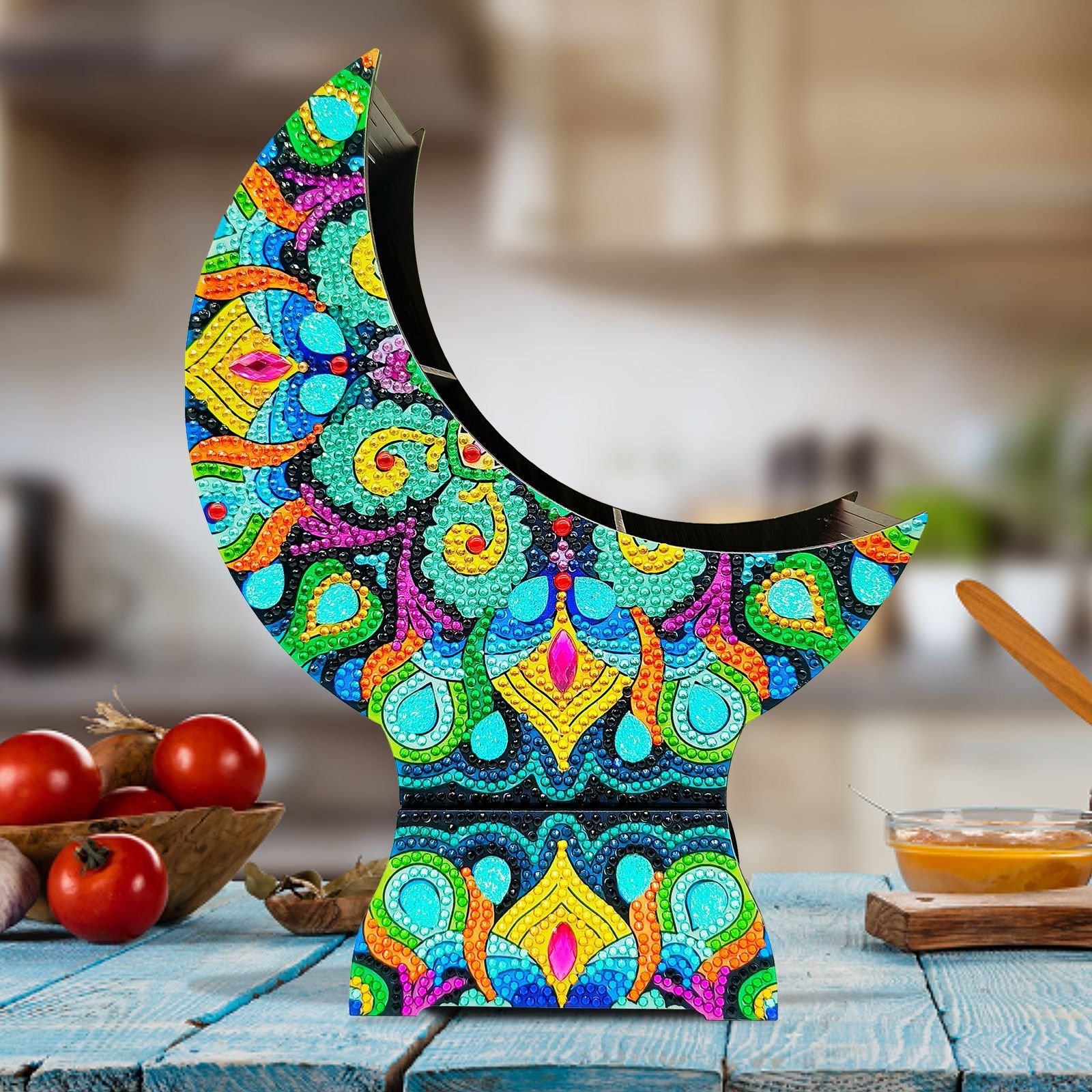 Mandala Moon Fan Shaped Lunch Box Wooden Diamond Art Decorative Box for Desktop Decor