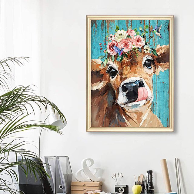 Cow Diamond Painting for Adults&Kids DIY 5D Diamond Paint with Round Diamonds Full Drill Cow Gem Art Painting Kit for Home