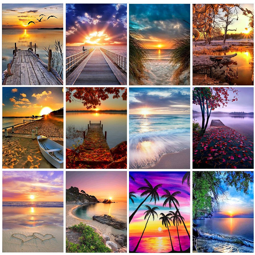 Yiwu diamond painting DIY sunset seaside reflection scenery wholesale diamond mosaic panorama wall art