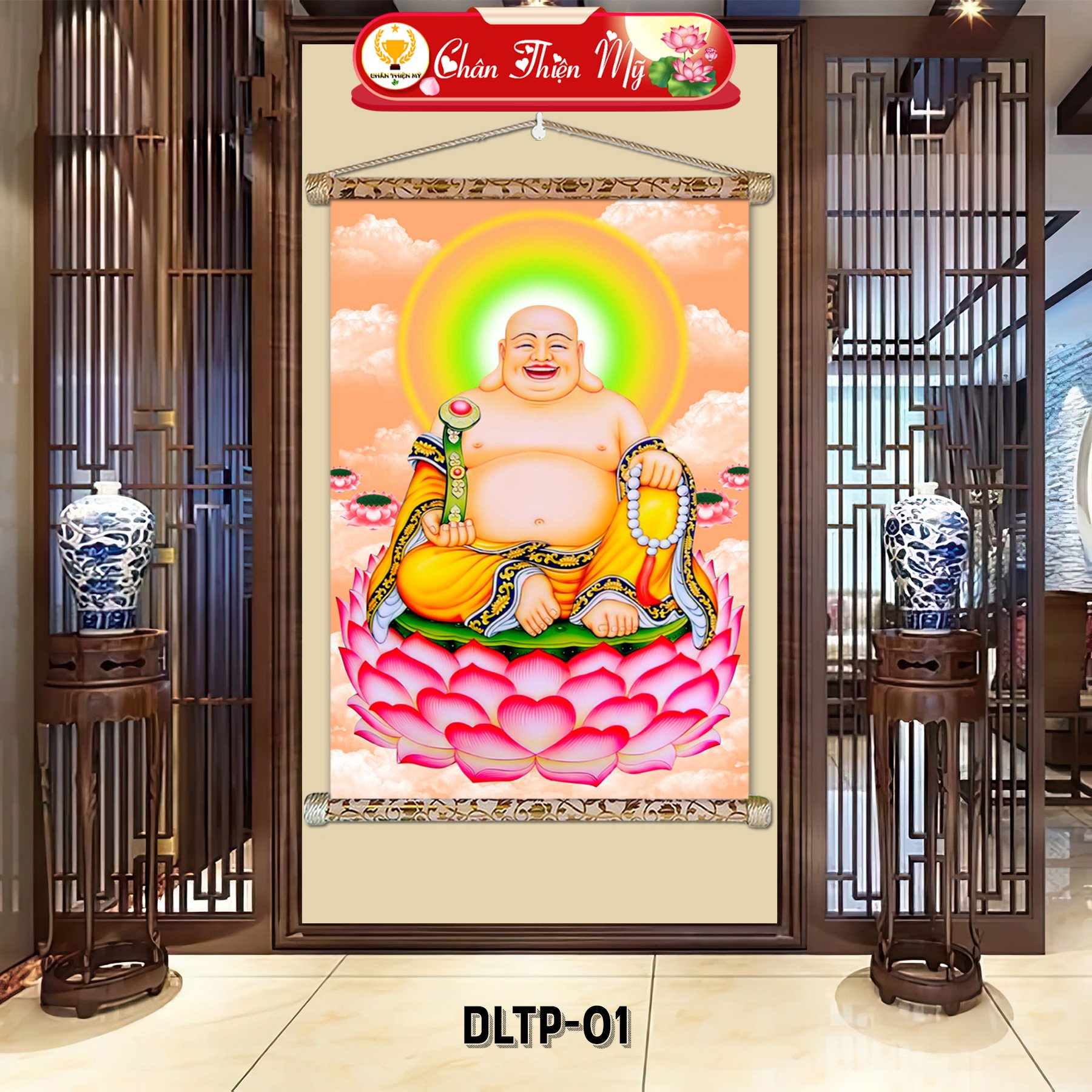 Handmade Customized Happy Buddha Scroll Painting Wall Hanging Wall Art Oil Printed