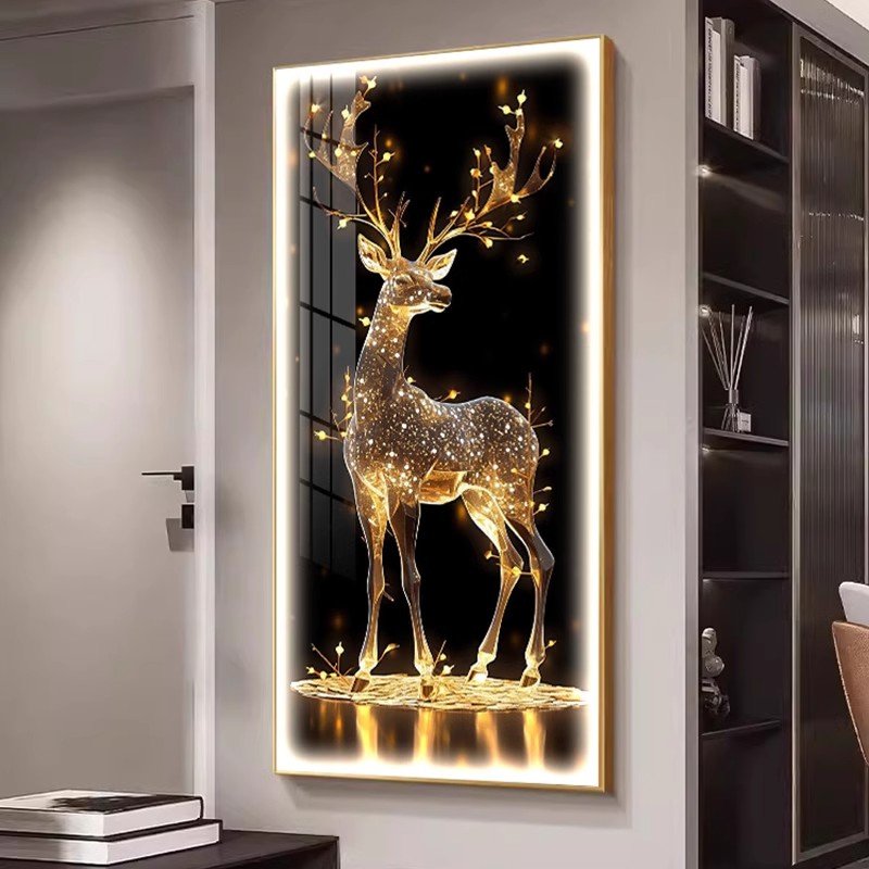 Golden Deer Crystal Decorative Painting Luxury Diamond Animal Wall Art LED with Lights Modern Home Living Room Decor Framed