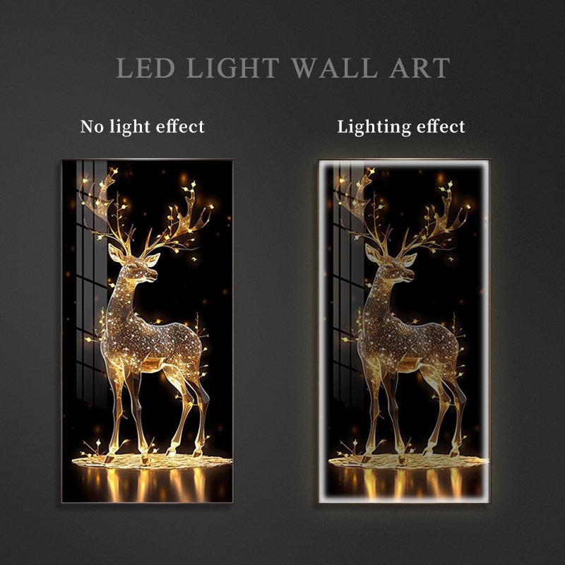 Golden Deer Crystal Decorative Painting Luxury Diamond Animal Wall Art LED with Lights Modern Home Living Room Decor Framed
