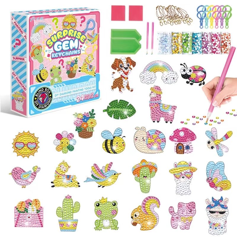 Factory Direct Sale Diamond Painting Keychains Kits Cartoon 24 Pcs 5d Diy Diamond Blind Box Keychains Set For Gifts