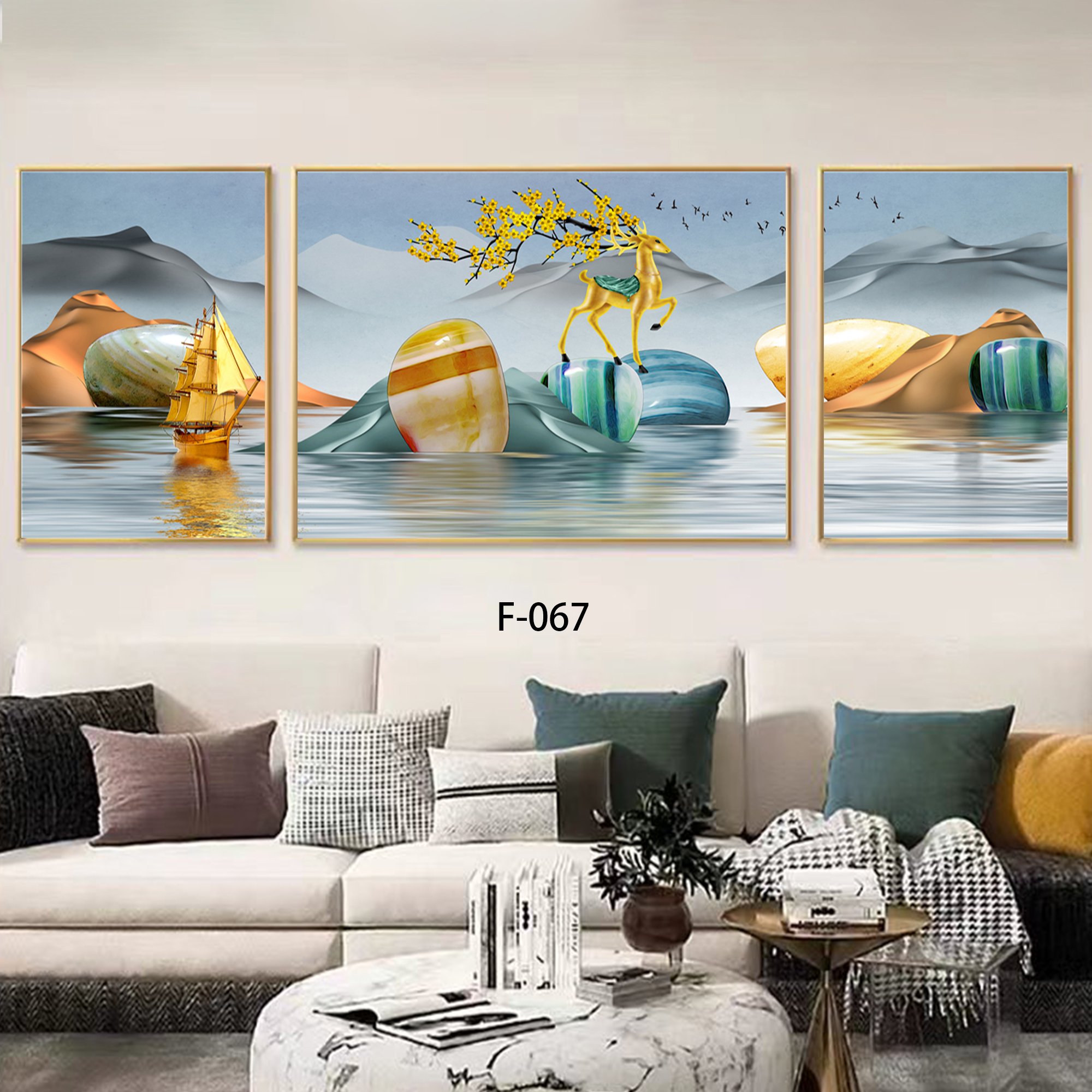 Modern natural landscape art combination triptych home hotel living room wall beautiful and fashionable poster frame