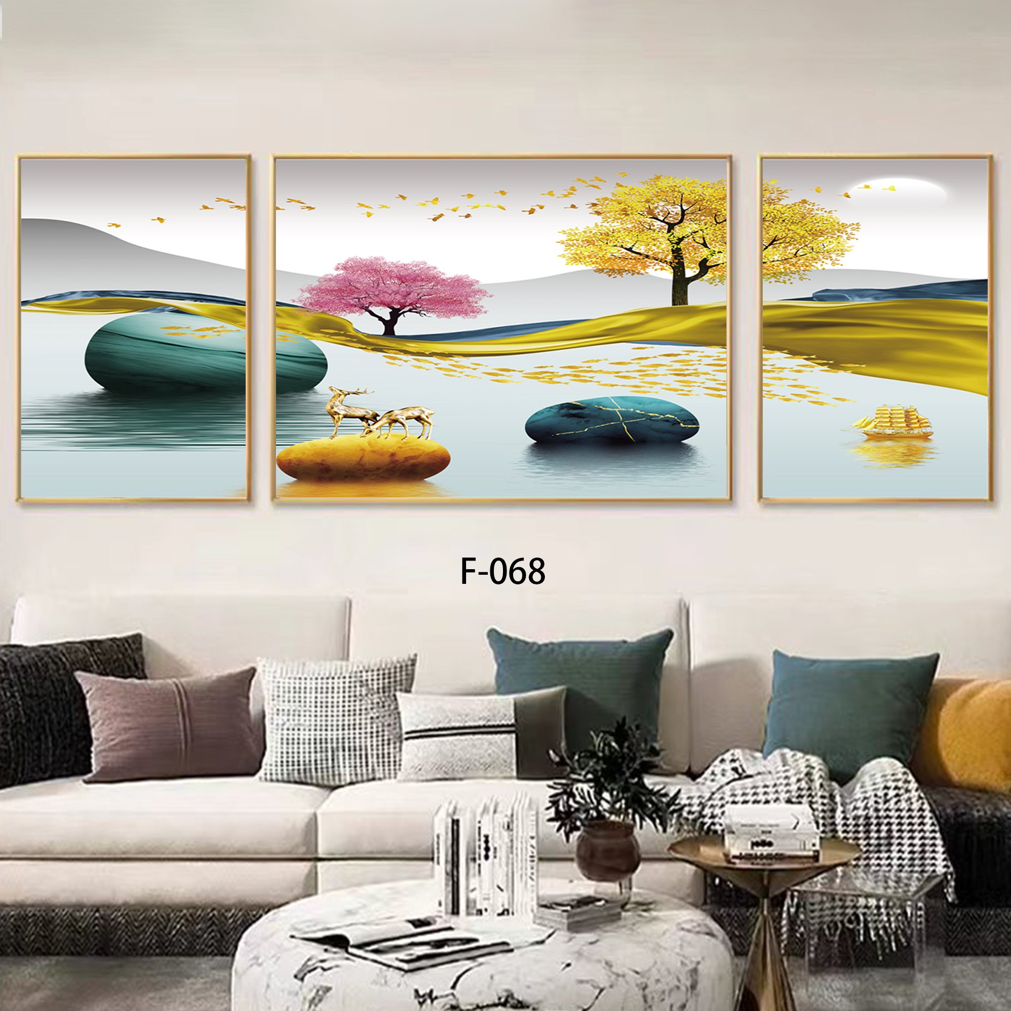 Modern natural landscape art combination triptych home hotel living room wall beautiful and fashionable poster frame