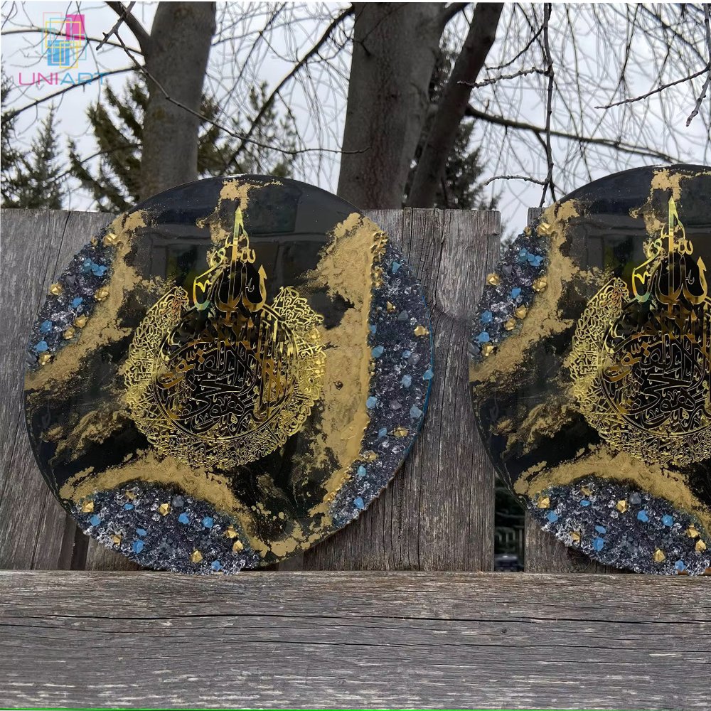 UNIART Round Mural Arab Islamic Black Gold Geode Resin Diamond Painting Arabic Calligraphy Wall 3D Wall Art Decoration