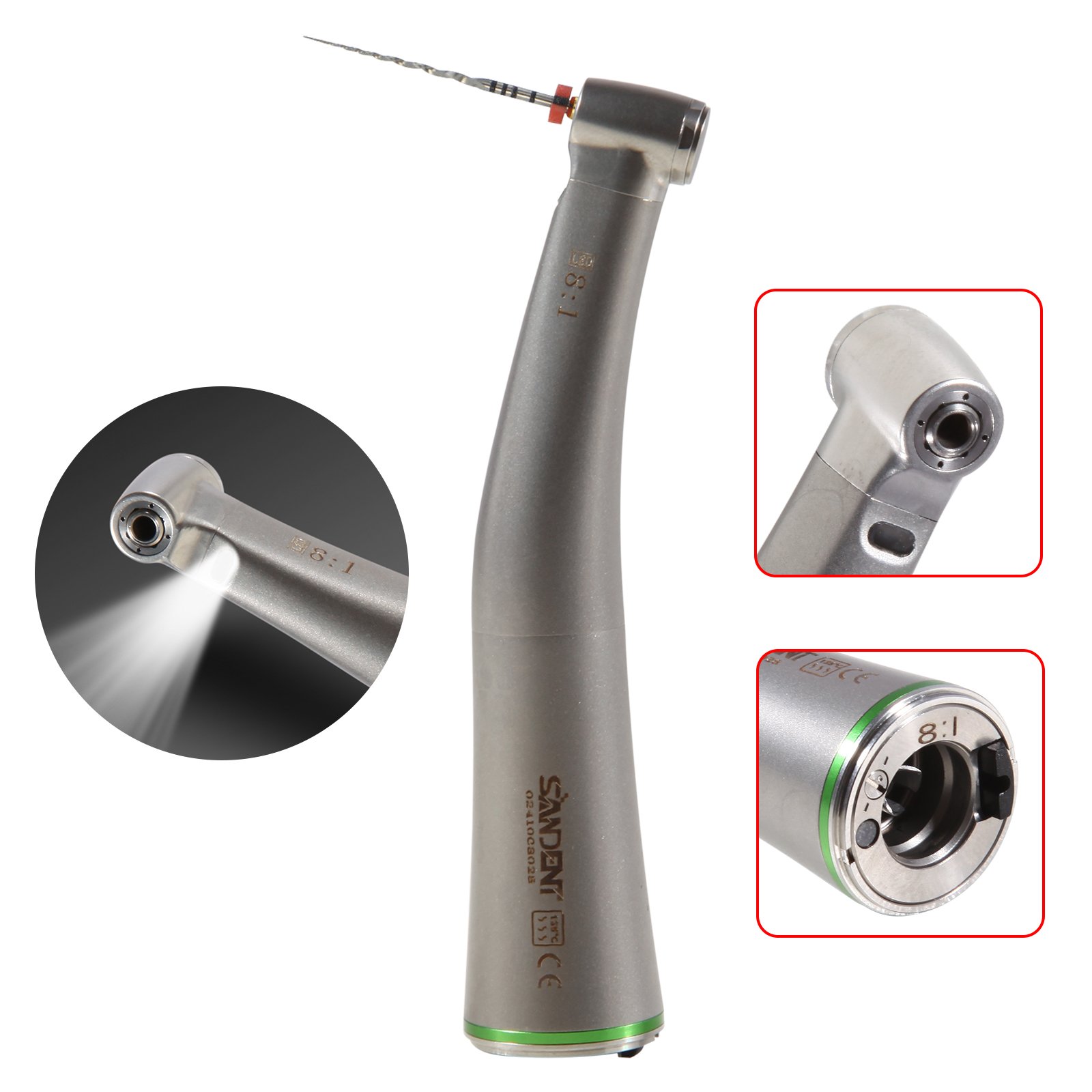 New Arrival ! Dental Fiber Optic LED 8:1 Reduction Mini Head Contra Angle Handpiece Micro Head Endo File