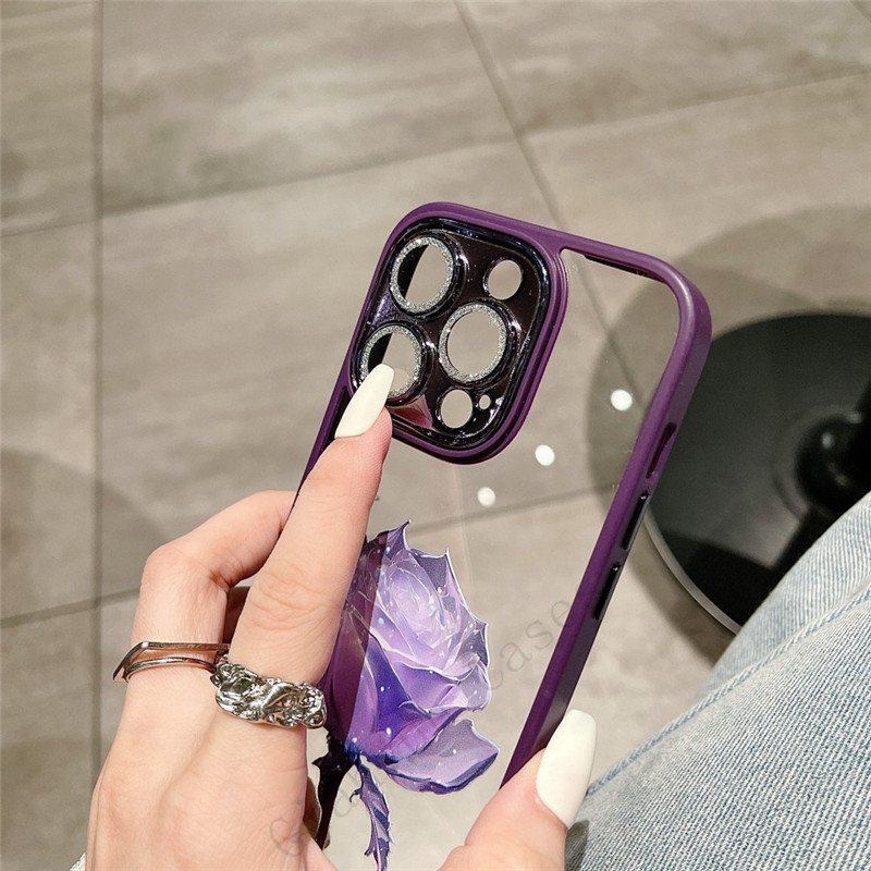 Glitter Diamond Glass Lens Protector Dream Rose Transparent PC Shockproof Phone Case Cover For iPhone 16 Pro Max 14 13 12 11 15