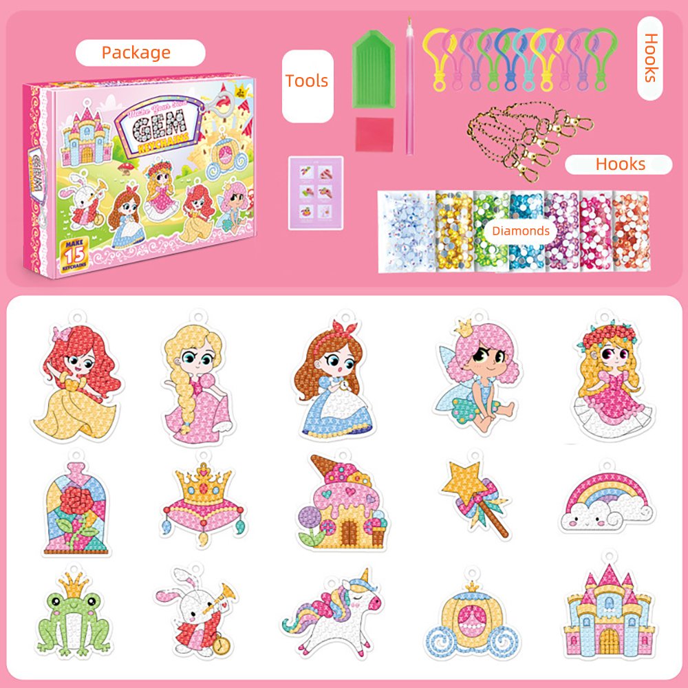15 Pieces Diamond Kit for Crafts for Children Aged 8 to 12 Years, Girls, DIY Gemstone 5D Painting Stickers, Key Chains, Pendants