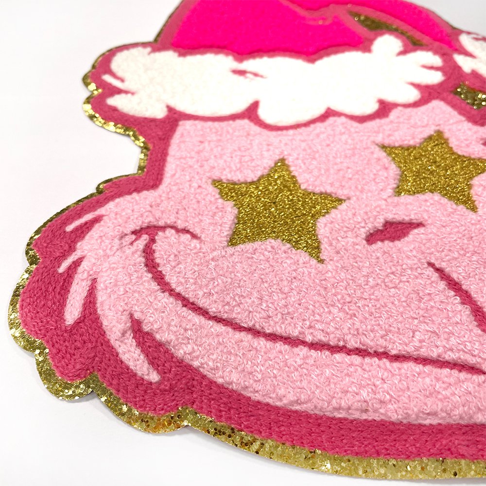 Best Selling Ready to Ship Christmas Theme Santa Claus Patch Iron On Chenille Embroidery Glitter Christmas Patch