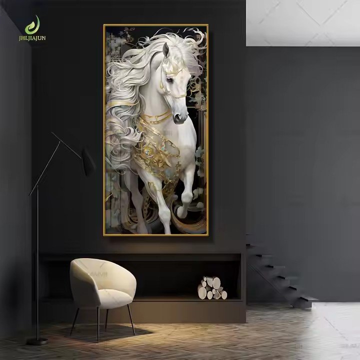 Home Decoration Large size ready to hang White horse Porcelain pictures crystal glass led wall art horse painting