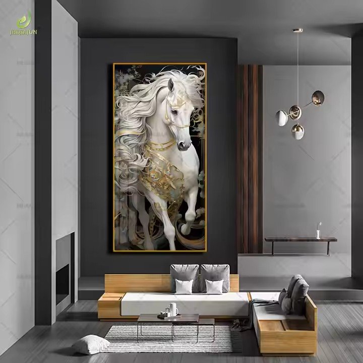 Home Decoration Large size ready to hang White horse Porcelain pictures crystal glass led wall art horse painting