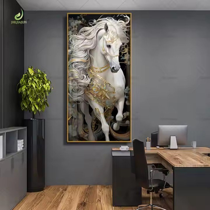 Home Decoration Large size ready to hang White horse Porcelain pictures crystal glass led wall art horse painting