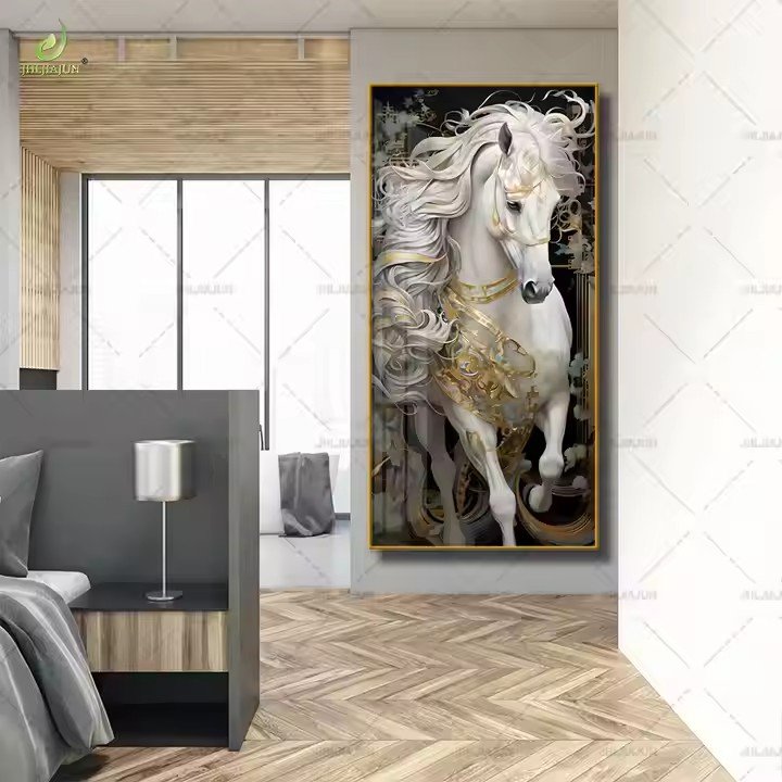 Home Decoration Large size ready to hang White horse Porcelain pictures crystal glass led wall art horse painting